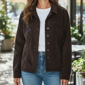 Vintage (M) Miss B Brown Corduroy Jacket Soft Stretch Notched Collar Embroidered